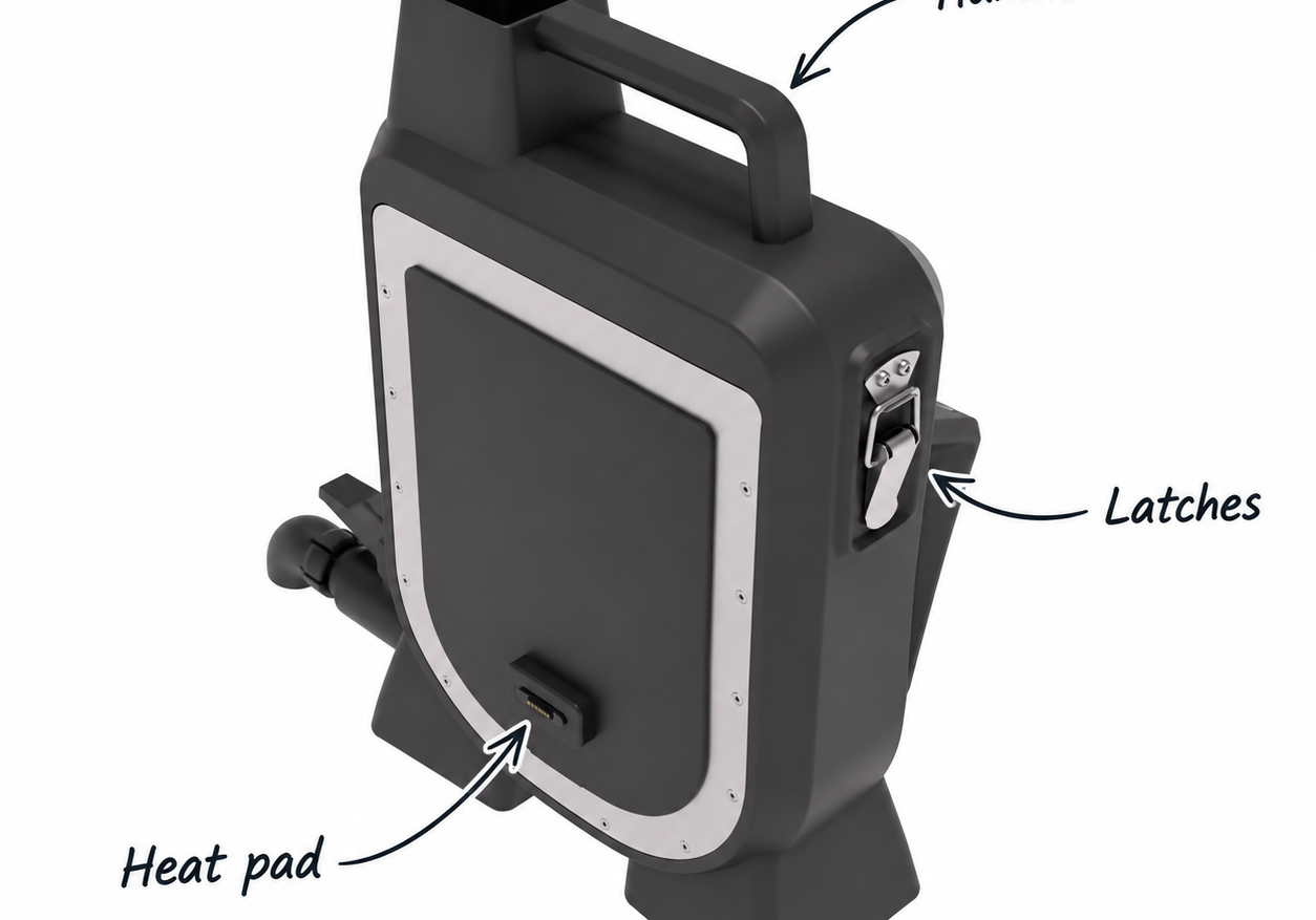 Design render of the Fränk film processor with three parts labelled: the handle across the top, the mechanical latches on the side of the door, and the heat pad connector at the base of the door
