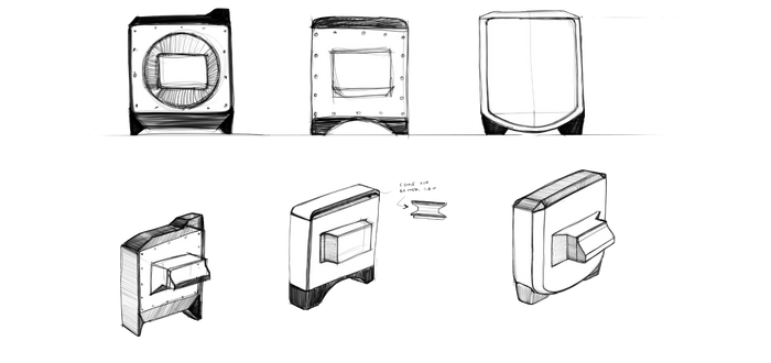 Early design sketches of the Fränk cine film processor, drawn from several angles