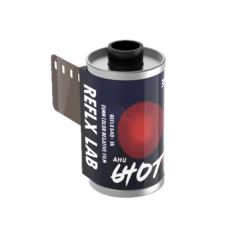 REFLX LAB 640T 35mm colour negative film canister with leader extended