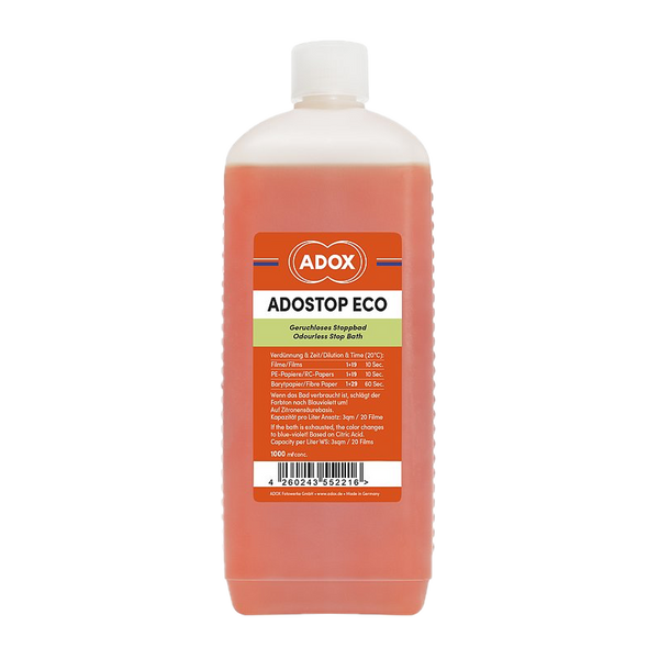 ADOX Adostop Eco 1 L, bagno d'arresto all'acido citrico con indicatore di colore per pellicola e carta in bianco e nero
