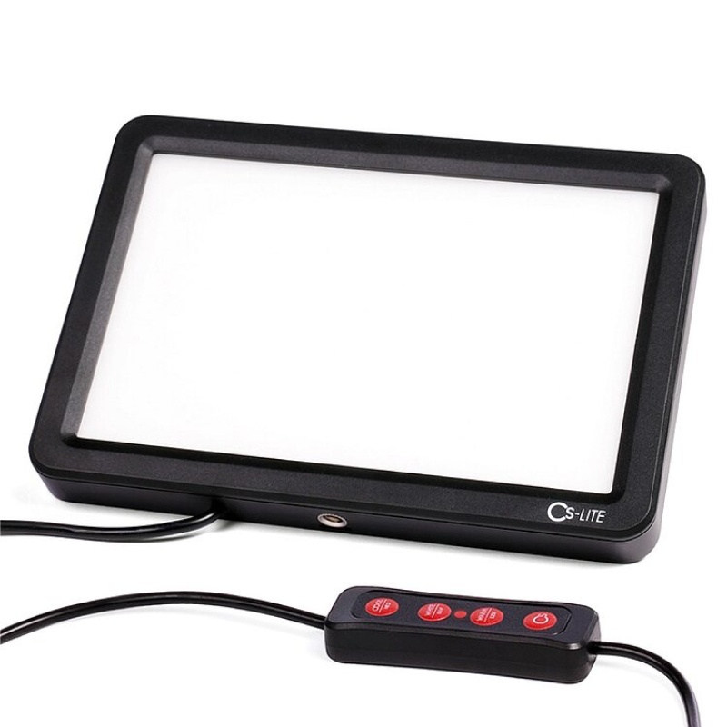 Cinestill CS-LITE front view illuminated showing even diffused LED surface with wired remote brightness control
