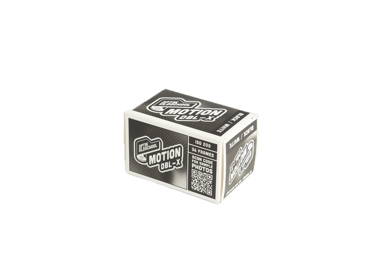Optik Oldschool DBL-X 250D black and white 35mm film box showing ISO 200 rating and 36 exposures