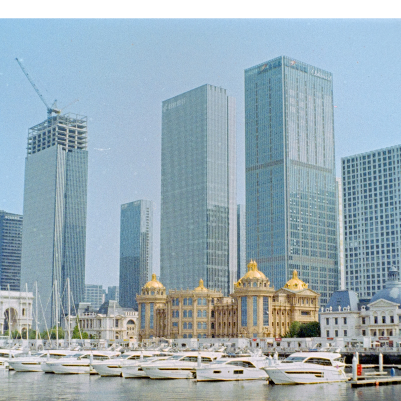 Fortuna C200 110 daylight sample photo: Macau marina skyline with skyscrapers, casino domes, and yachts