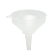 White 15cm plastic funnel with built-in filter for pouring darkroom chemistry into storage bottles