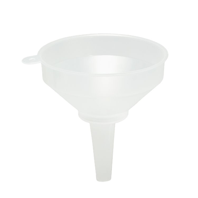 White 15cm plastic funnel with built-in filter for pouring darkroom chemistry into storage bottles