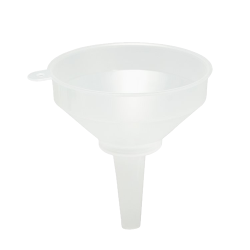 White 15cm plastic funnel with built-in filter for pouring darkroom chemistry into storage bottles