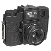 Holga 120N medium format camera, front view with plastic lens