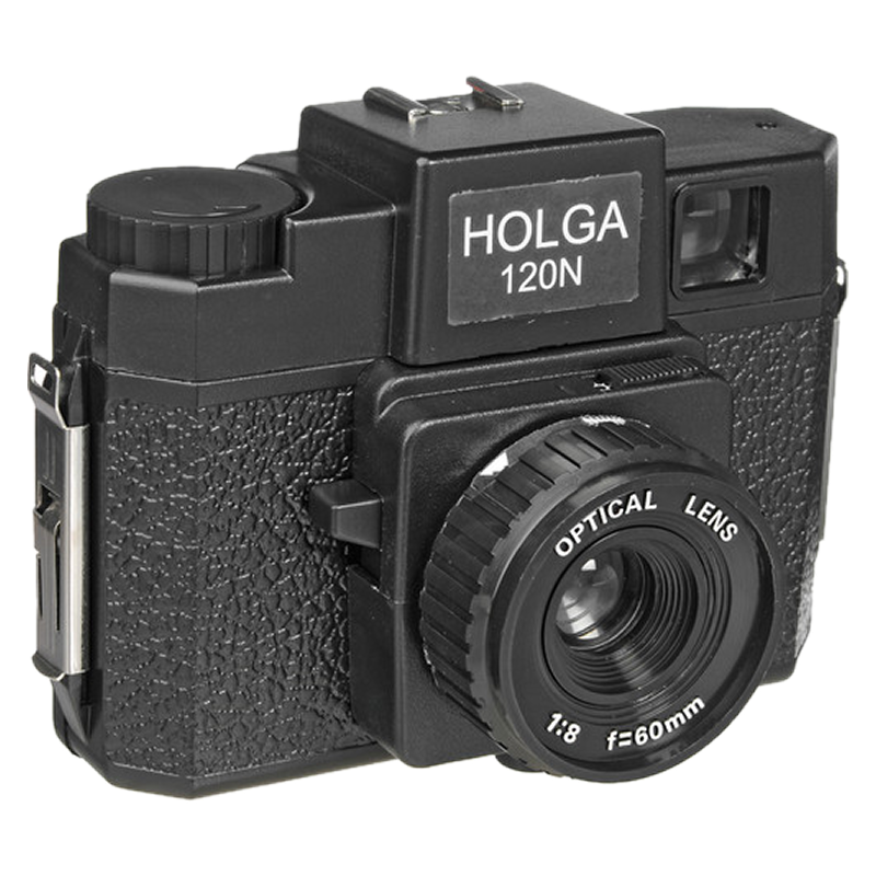 Holga 120N medium format camera, front view with plastic lens