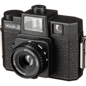 Holga 120GCFN camera, angled front view showing the flash and lens