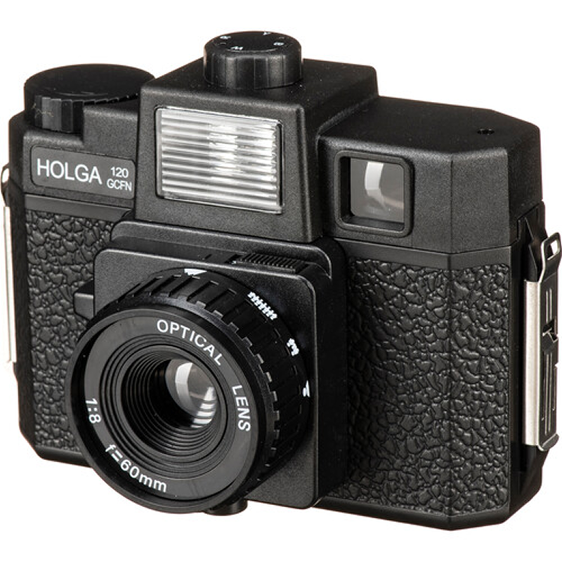 Holga 120GCFN camera, angled front view showing the flash and lens