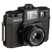 Holga 120GCFN medium format camera, front view with built-in flash and glass lens