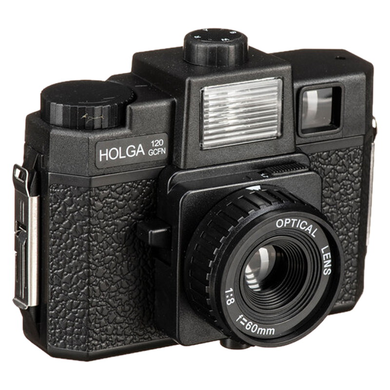 Holga 120GCFN medium format camera, front view with built-in flash and glass lens