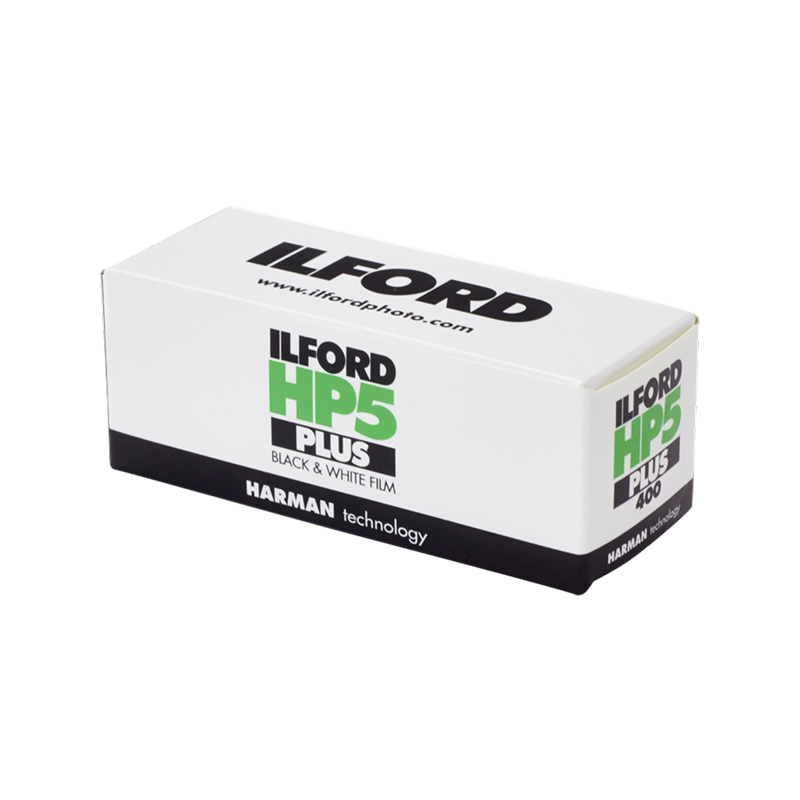 Ilford HP5 Plus medium format 120 film box and roll showing ISO 400 black and white film by Harman Technology