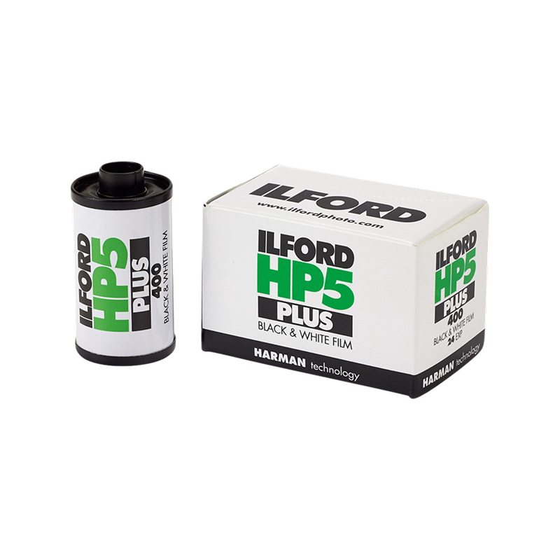 Ilford HP5 Plus 35mm film canister and box showing ISO 400 black and white film 36 exposures by Harman Technology
