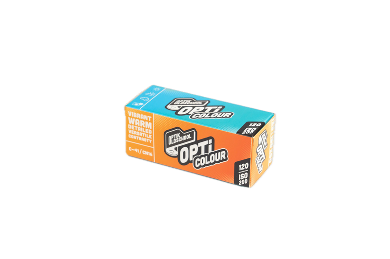 Optik Oldschool OptiColour 200 medium format 120 film box showing C-41 colour negative ISO 200 packaging