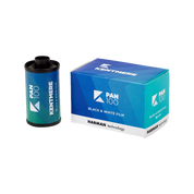 Kentmere PAN 100 35mm film canister and box showing B&W fine grain film by Harman Technology