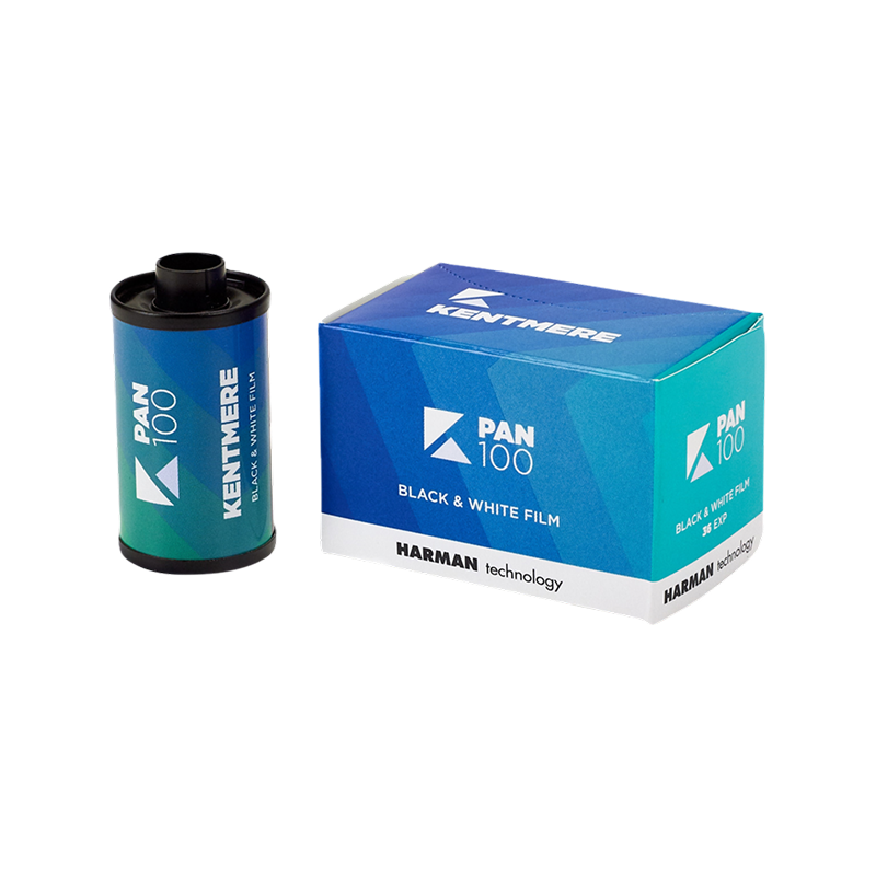 Kentmere PAN 100 35mm film canister and box showing B&W fine grain film by Harman Technology