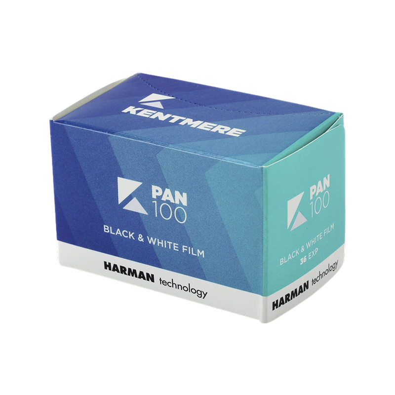 Kentmere 100 35mm black and white film box showing PAN 100 branding 36 exposures by Harman Technology