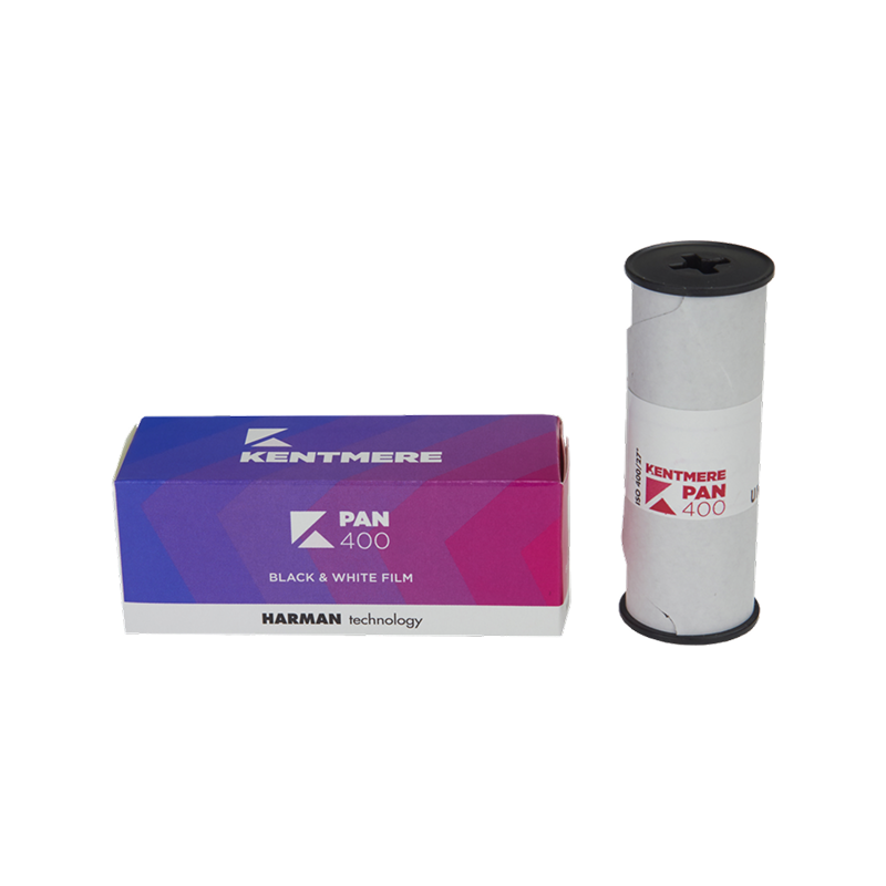 Kentmere 400 medium format 120 film box and roll showing PAN 400 B&W film by Harman Technology