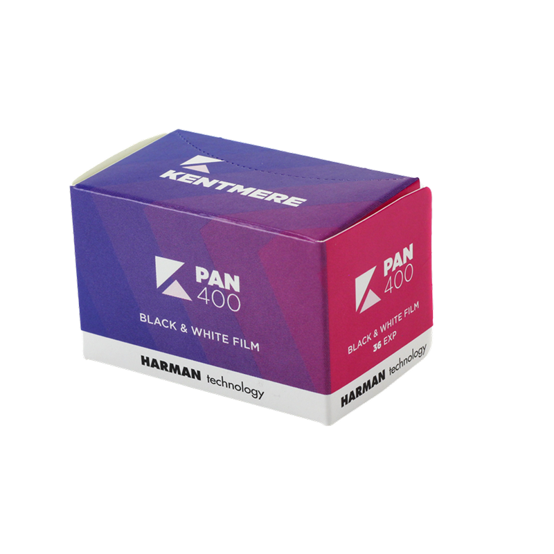 Kentmere 400 35mm black and white film box showing PAN 400 branding 36 exposures by Harman Technology