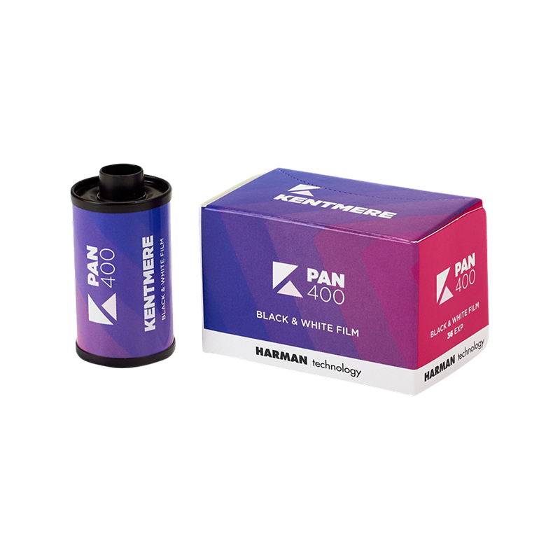 Kentmere PAN 400 35mm film canister and box showing B&W high-speed film by Harman Technology