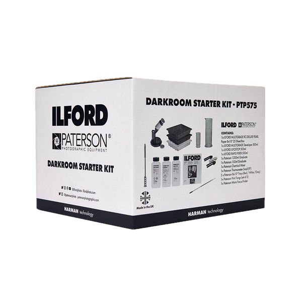 Starter kit Paterson e Ilford per lo sviluppo della pellicola in camera oscura, con tank, spirale, chimici e accessori
