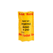 Kodak Portra 400 medium format 120 film roll in yellow packaging showing professional colour negative C-41 film