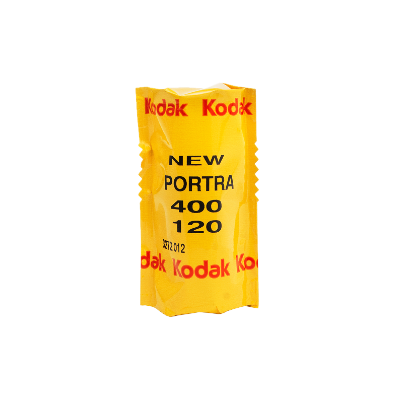 Kodak Portra 400 medium format 120 film roll in yellow packaging showing professional colour negative C-41 film