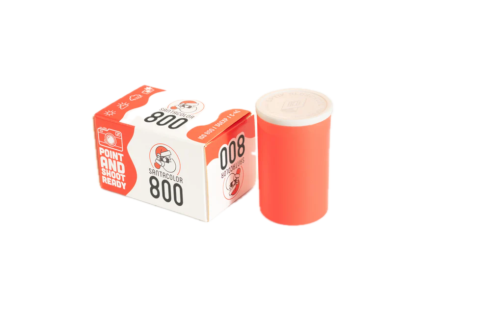 SantaColor 800 35mm film box and red canister showing ISO 800 colour negative C-41 film with Santa mascot