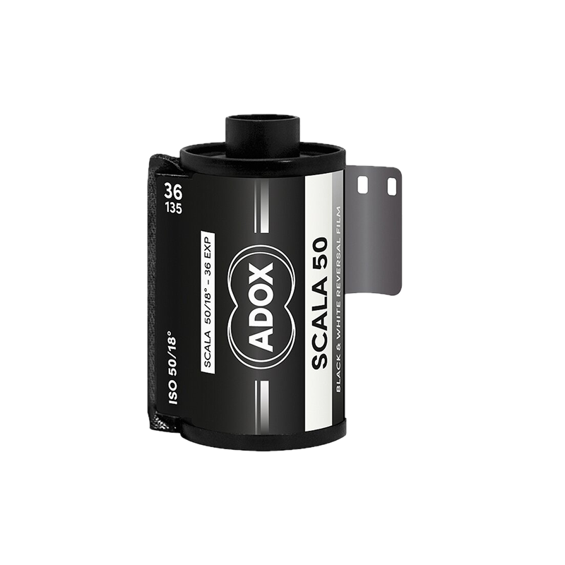 ADOX Scala 50 35mm film canister showing black and white reversal slide film 36 exposures ISO 50
