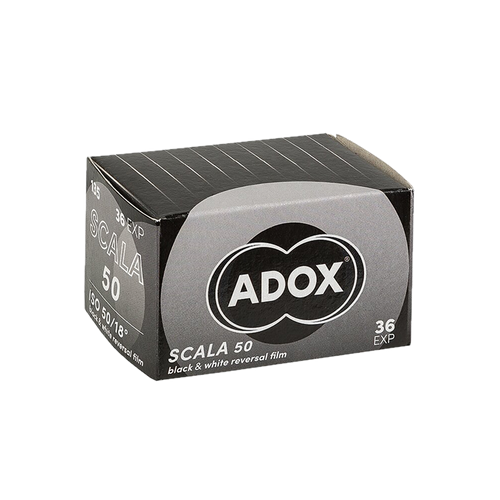 ADOX Scala 50 35mm black and white reversal slide film box showing ISO 50 36 exposures packaging