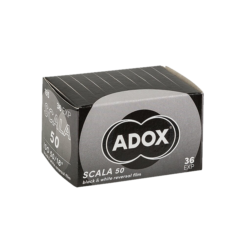 ADOX Scala 50 35mm black and white reversal slide film box showing ISO 50 36 exposures packaging