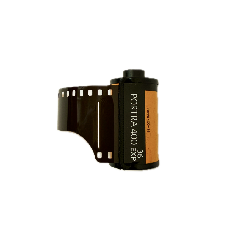 Kodak Portra 400 35mm film canister with leader extended showing 36 exposure professional colour negative C-41 film