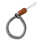 SmallRig braided wrist strap in gray, full loop with tan leather tab