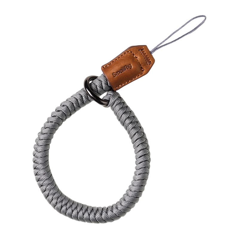 SmallRig braided wrist strap in gray, full loop with tan leather tab