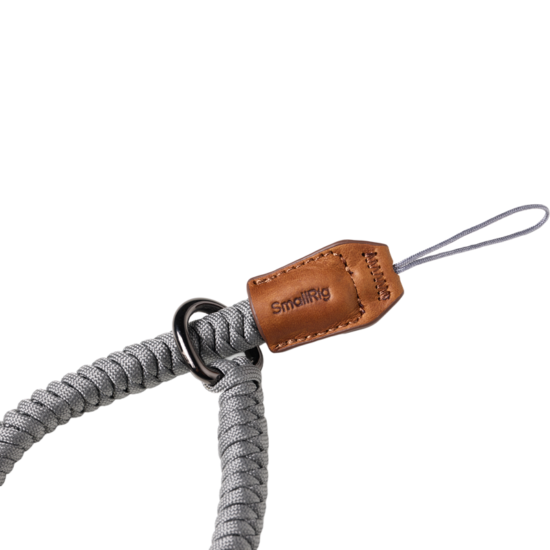SmallRig braided wrist strap in gray, tan leather tab and loop cord