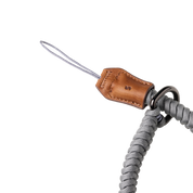 SmallRig braided wrist strap in gray, close-up of the tan leather tab