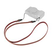 SmallRig quick release leather strap in red, laid out with a compact camera, second view