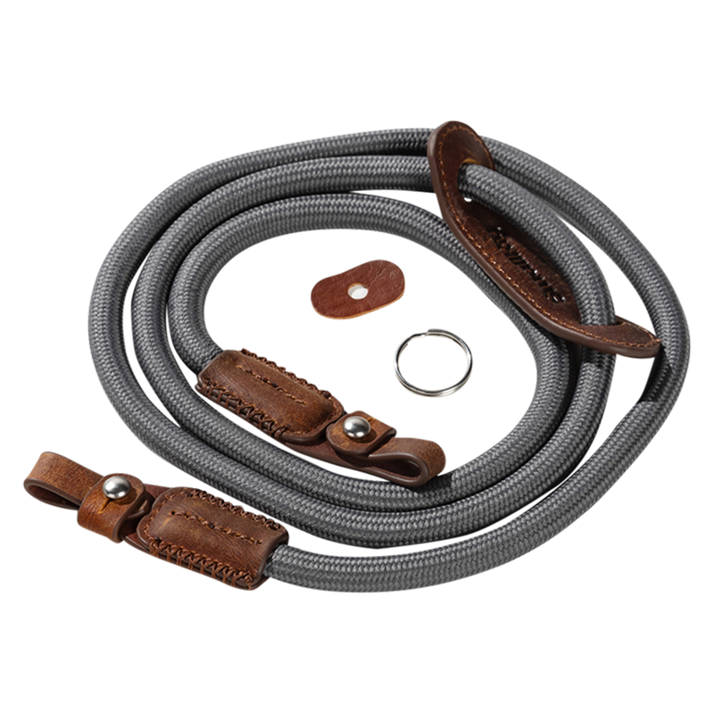 SmallRig braided shoulder strap in gray with leather ends, ring and connector pad
