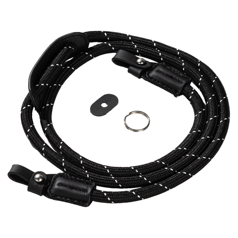 SmallRig braided shoulder strap in black, laid flat with ring and connector pad