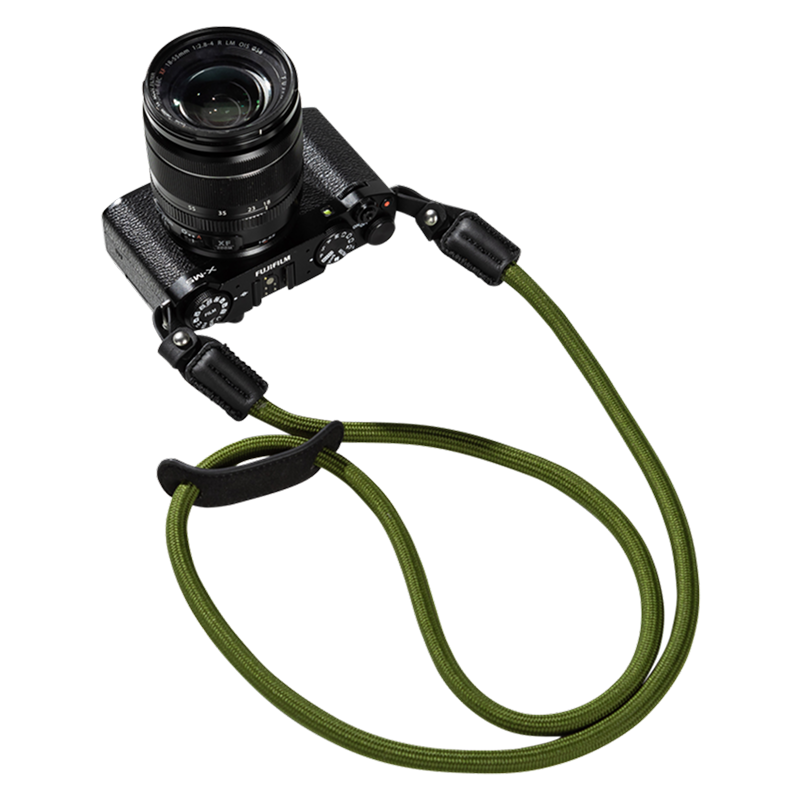 SmallRig braided shoulder strap in green on a camera
