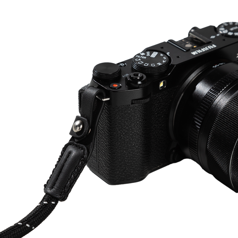 SmallRig braided shoulder strap in black attached to a camera, close-up