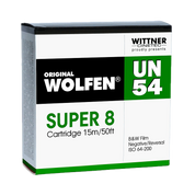Original Wolfen UN54 Super 8 film box, 15 m cartridge, black and white negative and reversal film