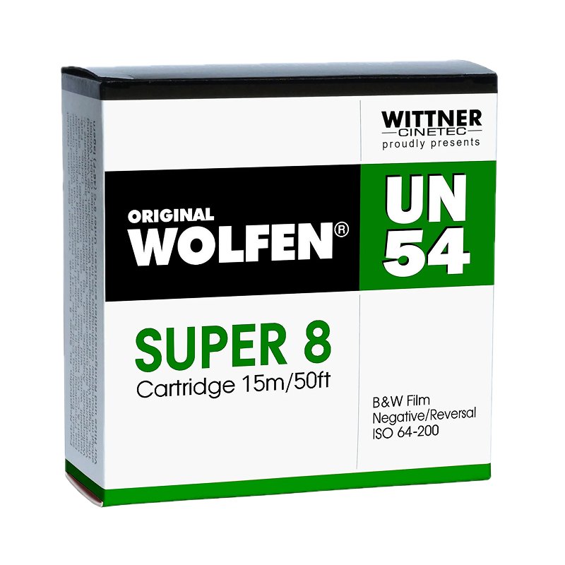 Original Wolfen UN54 Super 8 film box, 15 m cartridge, black and white negative and reversal film