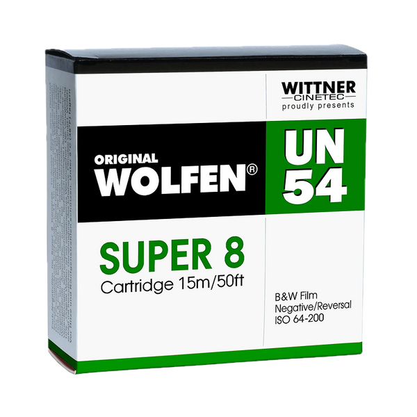 Scatola originale di pellicola Super 8 Wolfen UN54, cartuccia da 15 m, pellicola negativa e invertibile in bianco e nero
