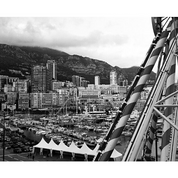 Sample image for ADOX HR-50: black and white view of a harbour and city with a ship's rigging