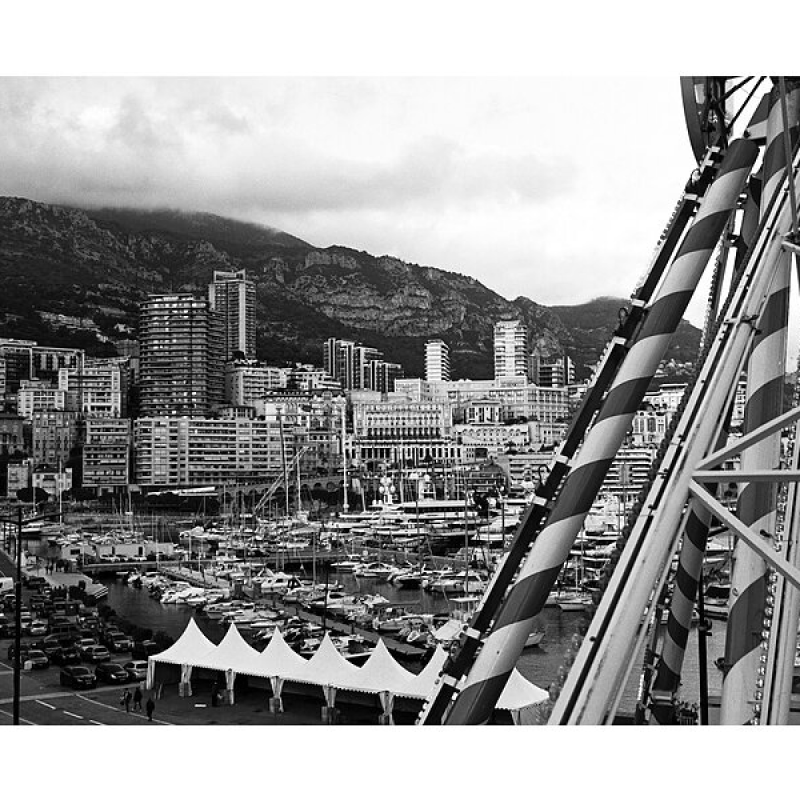 Sample image for ADOX HR-50: black and white view of a harbour and city with a ship's rigging